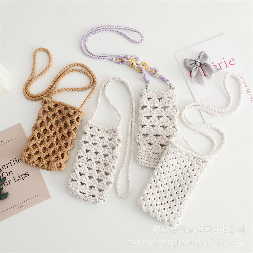 Ручная работа Вязаная сумка для мобильного телефона Летняя маленькая сумка Мини-сумка через плечо Праздничная женская сумка Многофункциональная сумка из хлопкового каната Сетчатый карман