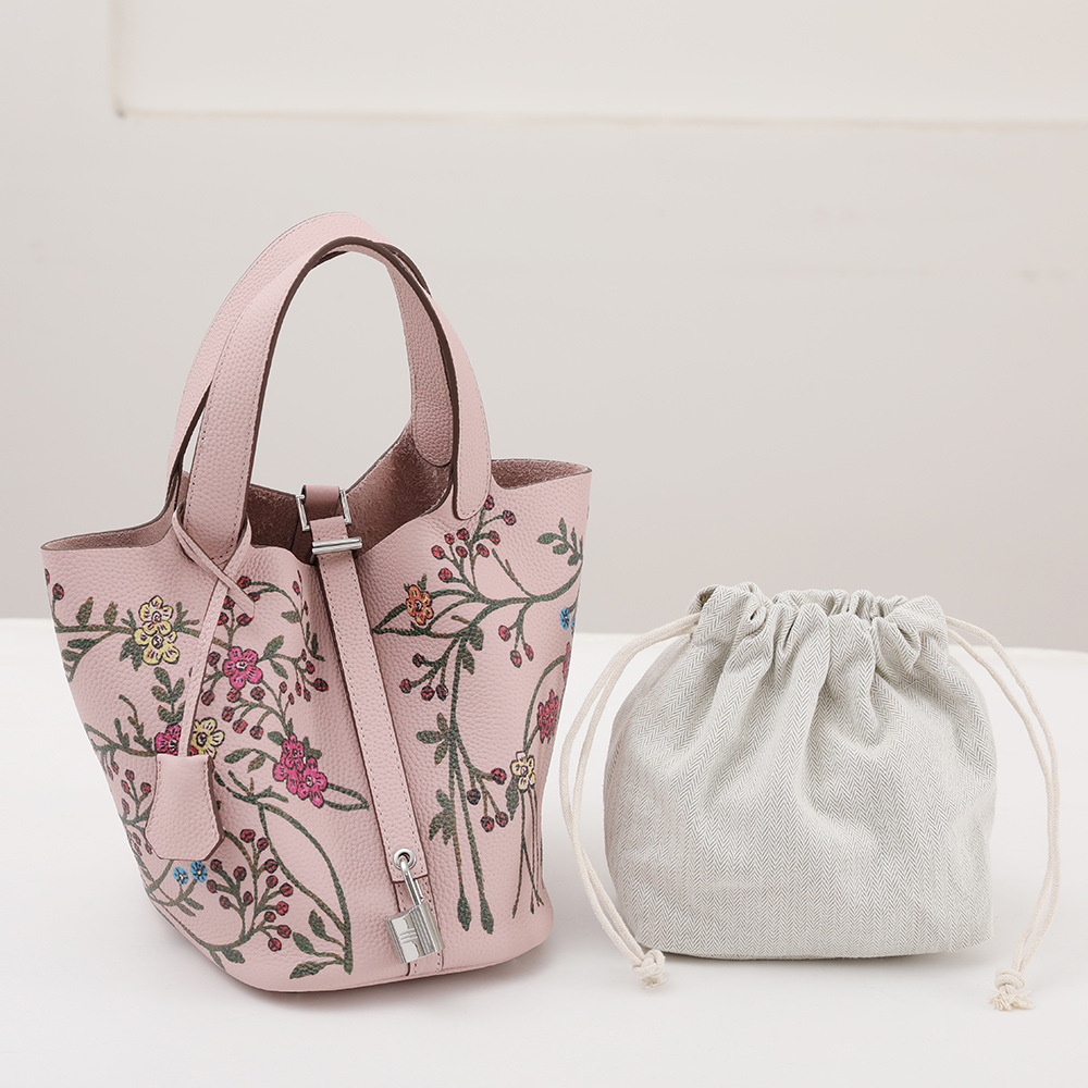 Top Layer Togo Cowhide Painted Vegetable Basket Women's Handbag Genuine Leather Leaf Women's Bucket Bag