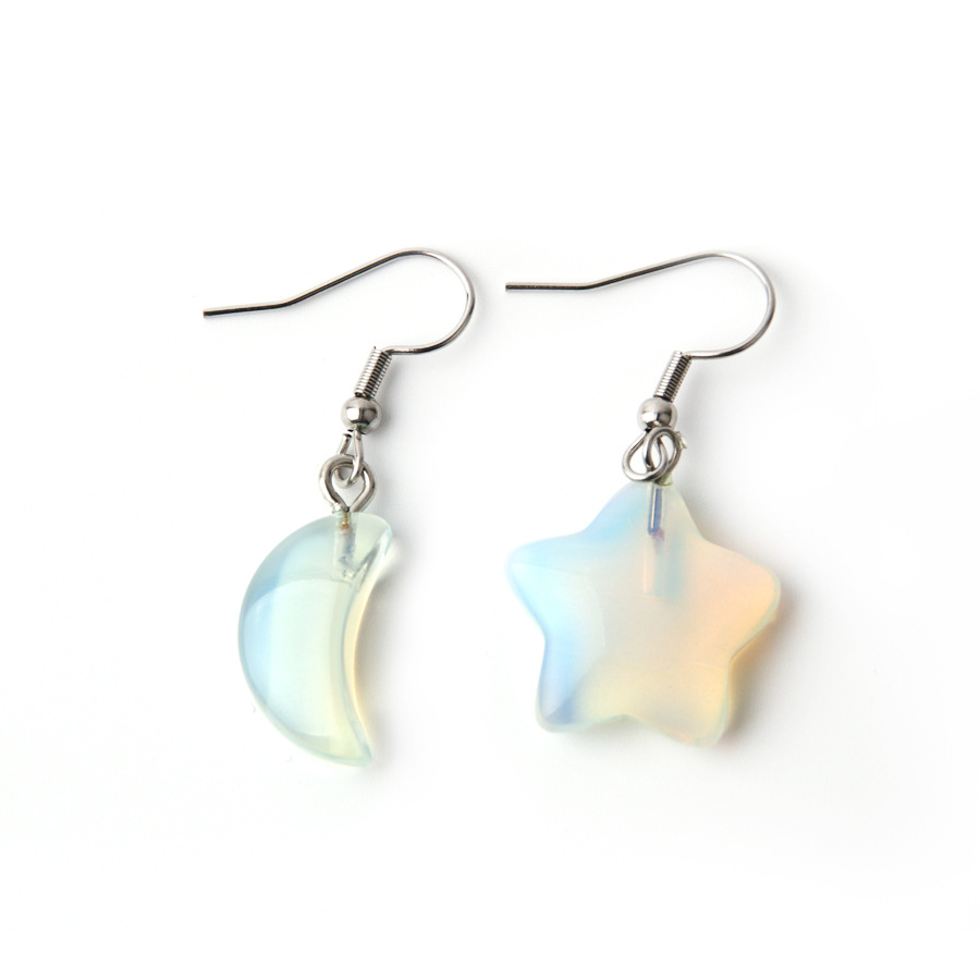 Natural Stone Crystal Star Moon Pink Earrings Star Moon Combination Stainless Steel Ear Hook Jewelry