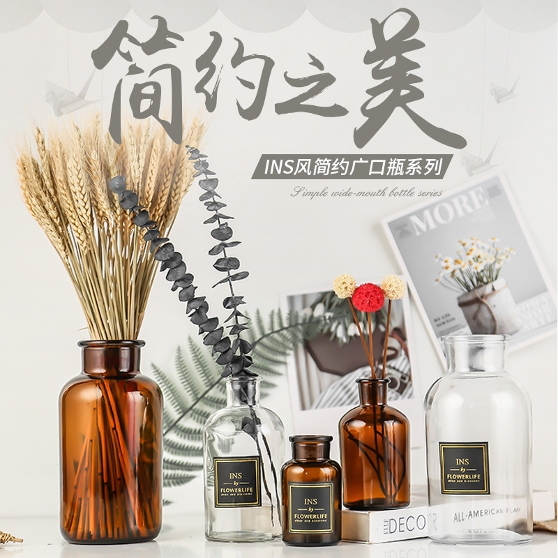 Small brown bottle reagent glass vase hydroponic flowers home decoration flower Brown transparent glass bottle