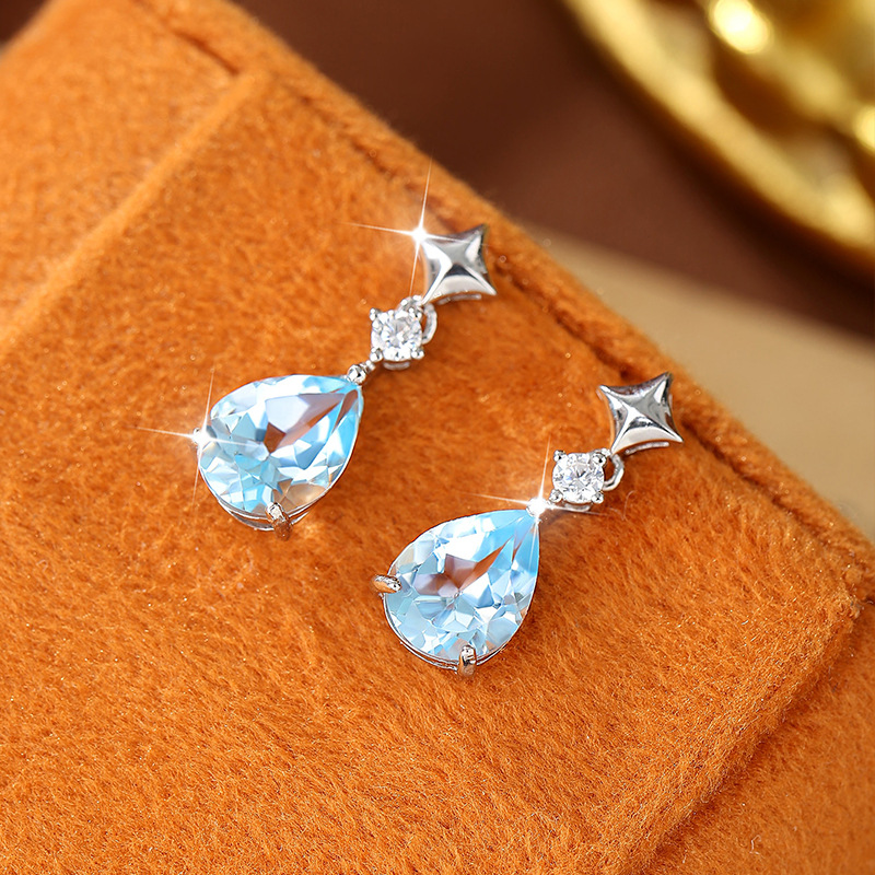European and American Style Natural Stone Pear-Shaped Water Drop 7*9 Crystal Stone Earrings S925 Sterling Silver Earrings Cross-Border Xiaohongshu Hot Style
