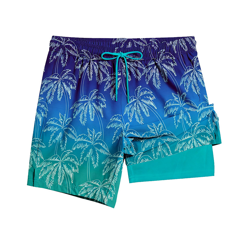 Cross-Border Double-Layer Beach Shorts for Men, European and American Digital Print, Quick-Drying, Casual, Loose-Fitting Swim Trunks, Men's Beach Shorts, Water-Repellent