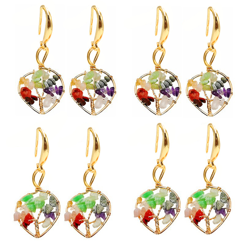 Tree of Life Natural Stone Crystal Pure Copper Hook Earrings Handmade Copper Wire Wrapped Multicolored Raw Stone Earrings Jewelry