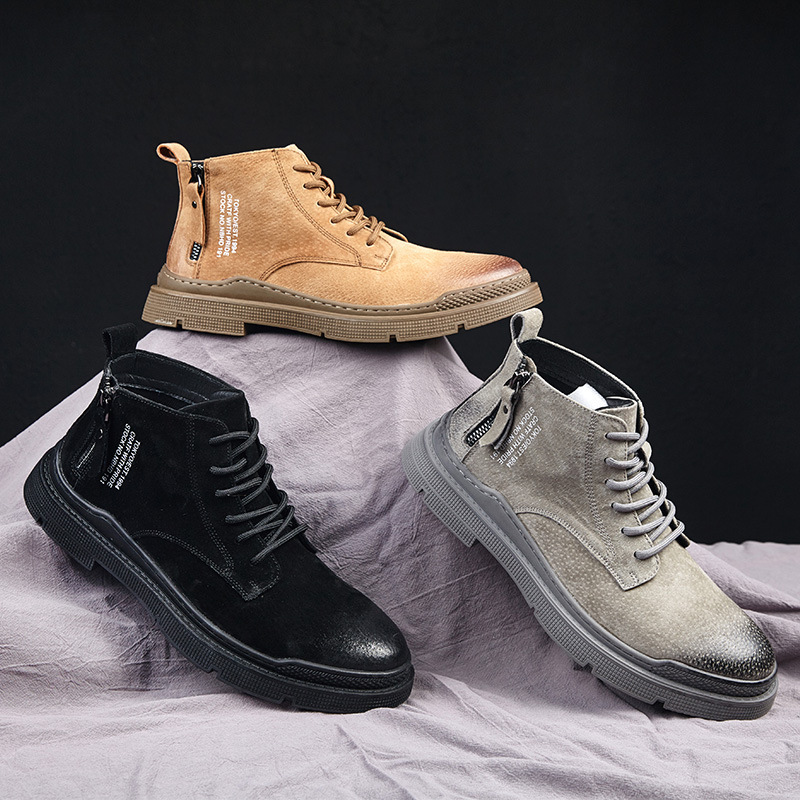 Men's Casual Fashion Martin Boots British Style Retro Mid-Top Men's Shoes Trendy Workwear Outdoor Boots with Fleece Short Boots
