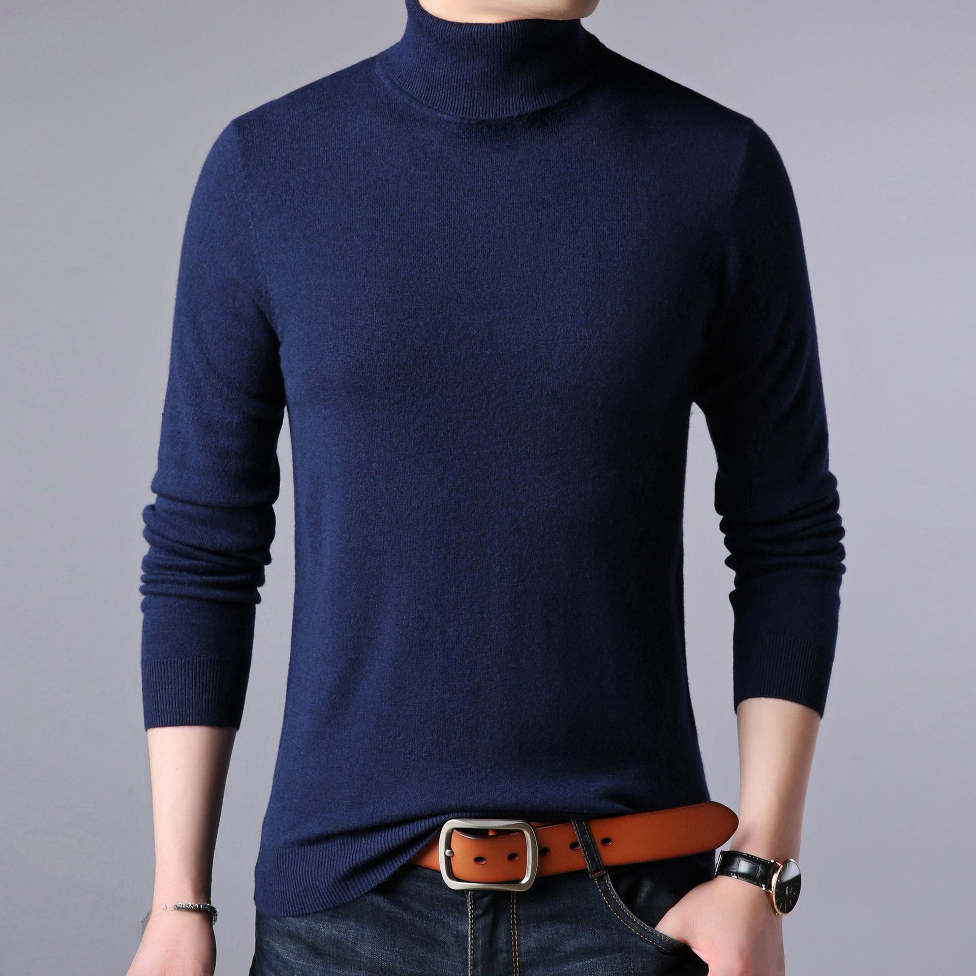 Worsted Turtleneck Cardigan Men's Medium Thick Warm Pure Color Sweater Counter Supply 100% Pure Wool Bottoming Shirt for Men