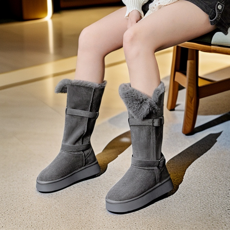 2025 Autumn/Winter New Style Two-Way Wear Thickened Long Boots with Belt Buckle, Fleece-Lined Warm Cotton Shoes, Thick-Soled Snow Boots for Women