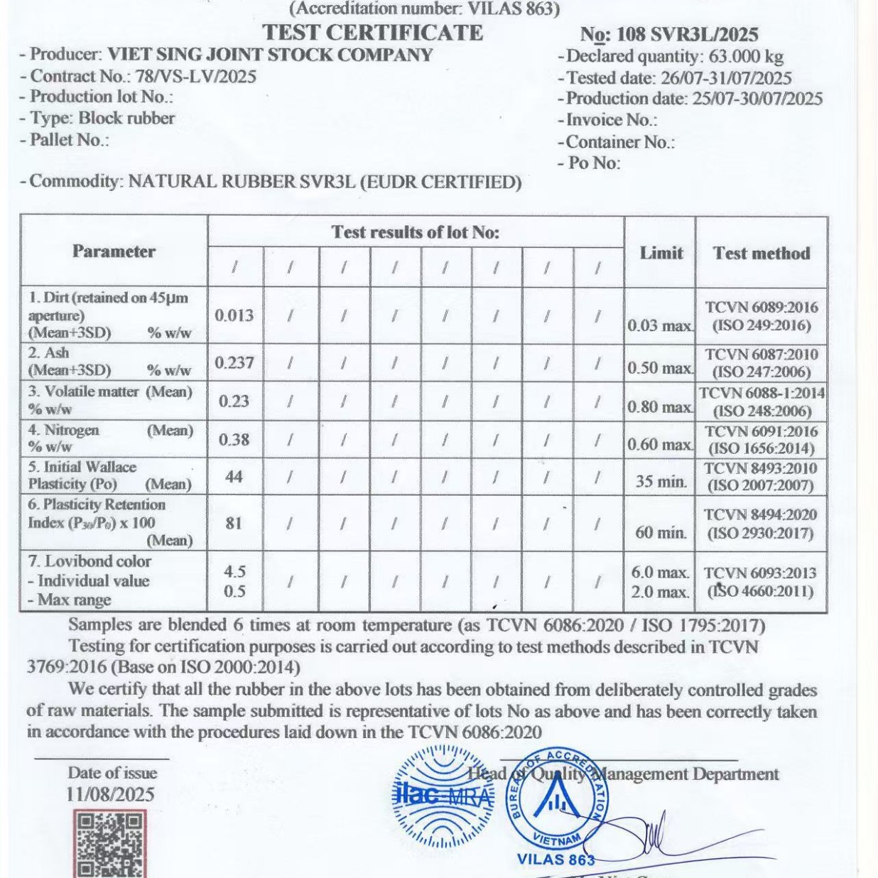 Eudr/Fsc Certification Vietnamese Natural Rubber Svr3L Eu Zero Deforestation Certification