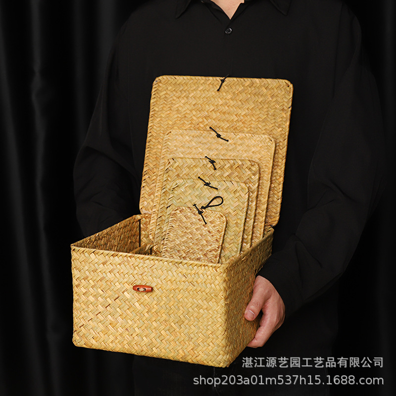 Seaweed Woven Storage Basket Handmade Accompanying Gift Home Decorations with Lid Square Desktop Sundry Snack Storage Box