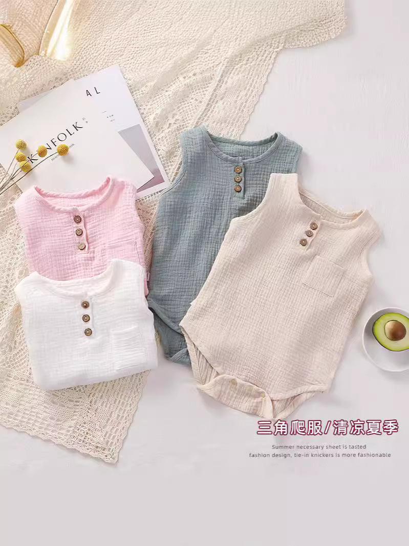 Baby's Jumpsuit Summer Thin Cotton Gauze for Boys and Girls Baby Sleeveless Bag Fat Clothes Pajamas Baby Triangle Climbing Clothes