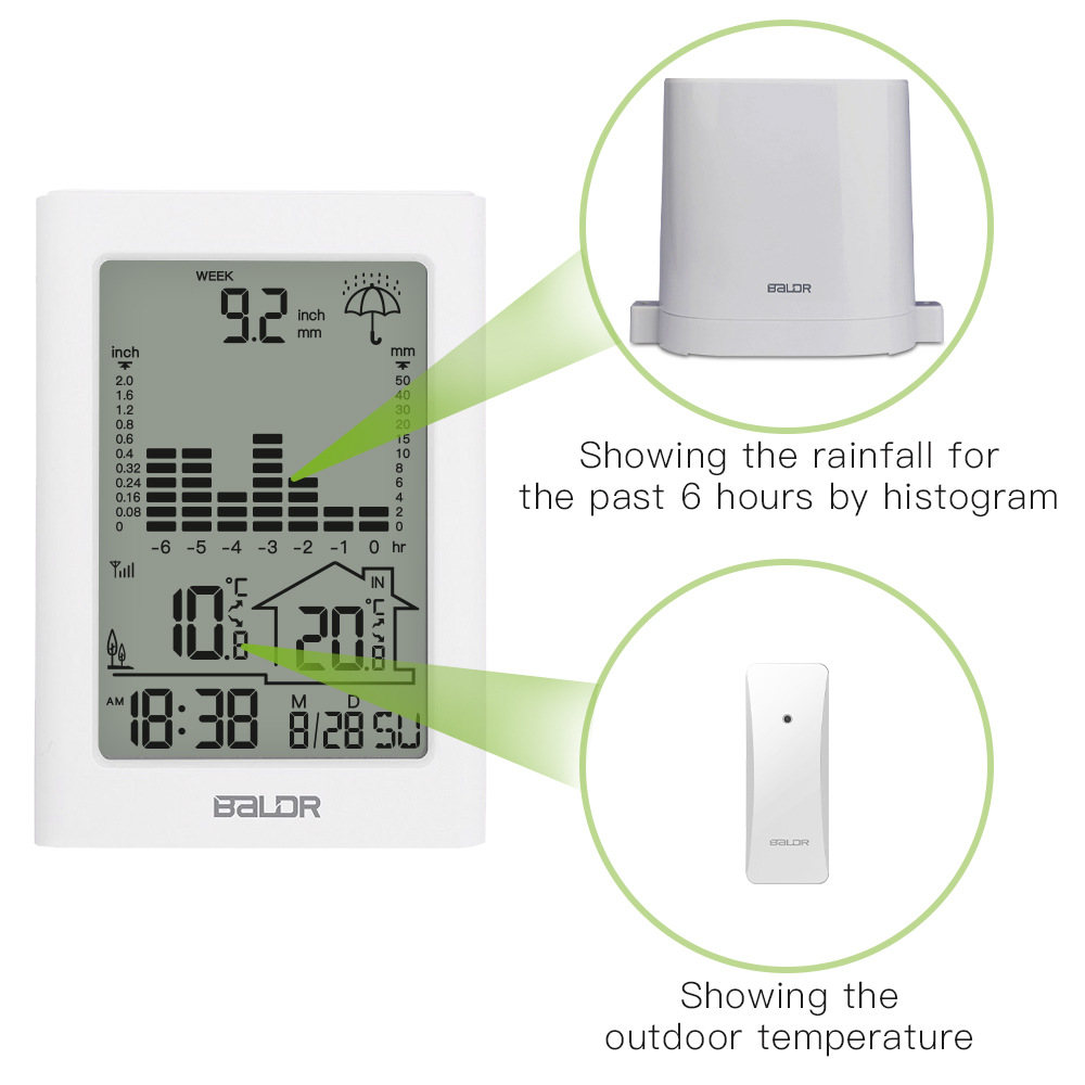 Baode BALDR brand spot indoor and outdoor temperature detection weather station wireless rain gauge