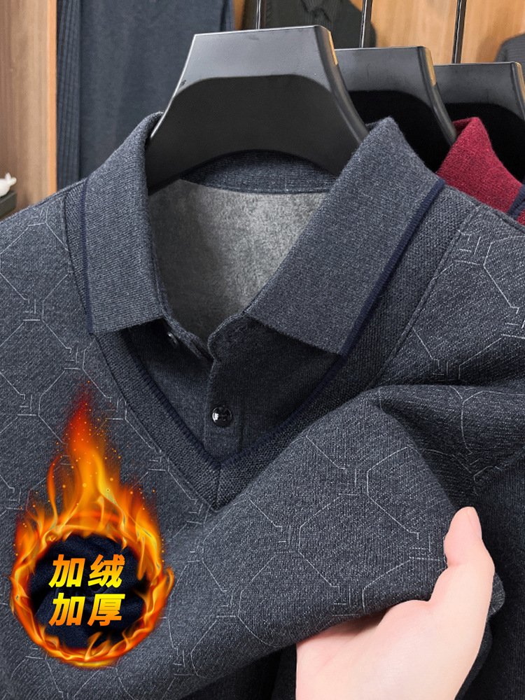 Winter Fleece-Lined Thick Sweater for Men, Middle-Aged and Elderly Dad's Casual Turn-Down Collar Fake Two-Piece Warm Base Sweater for Men