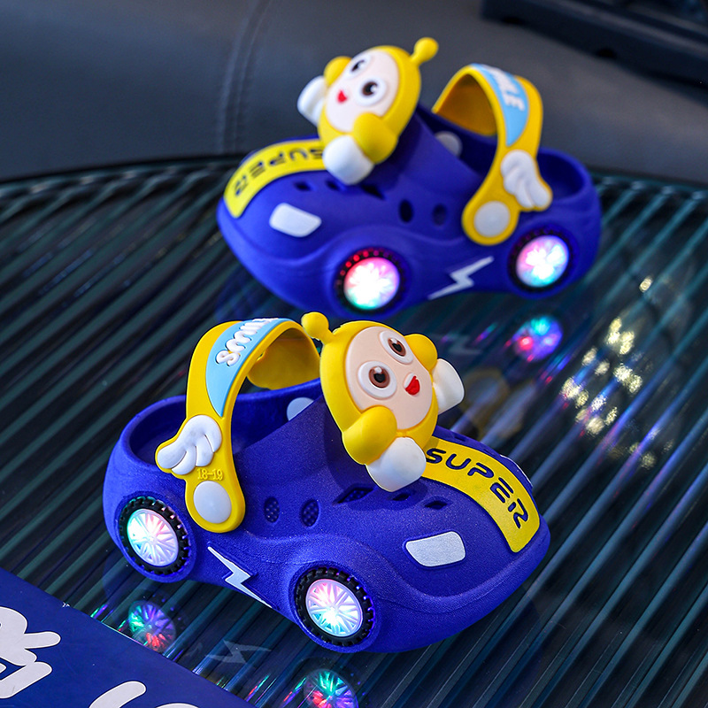 Children's Slippers Summer Baby Girl Car Shiny Light Indoor Soft-Soled Non-Slip Slippers Boy's Egg Hole Shoes