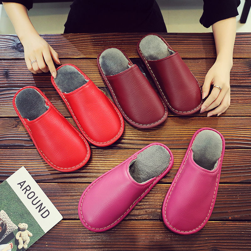 Haining Leather Slippers for Men and Women, Winter Couple Cotton Slippers, Waterproof Pu Leather Maternity Shoes, Thick-Soled, Non-Slip, Warm and Thickened