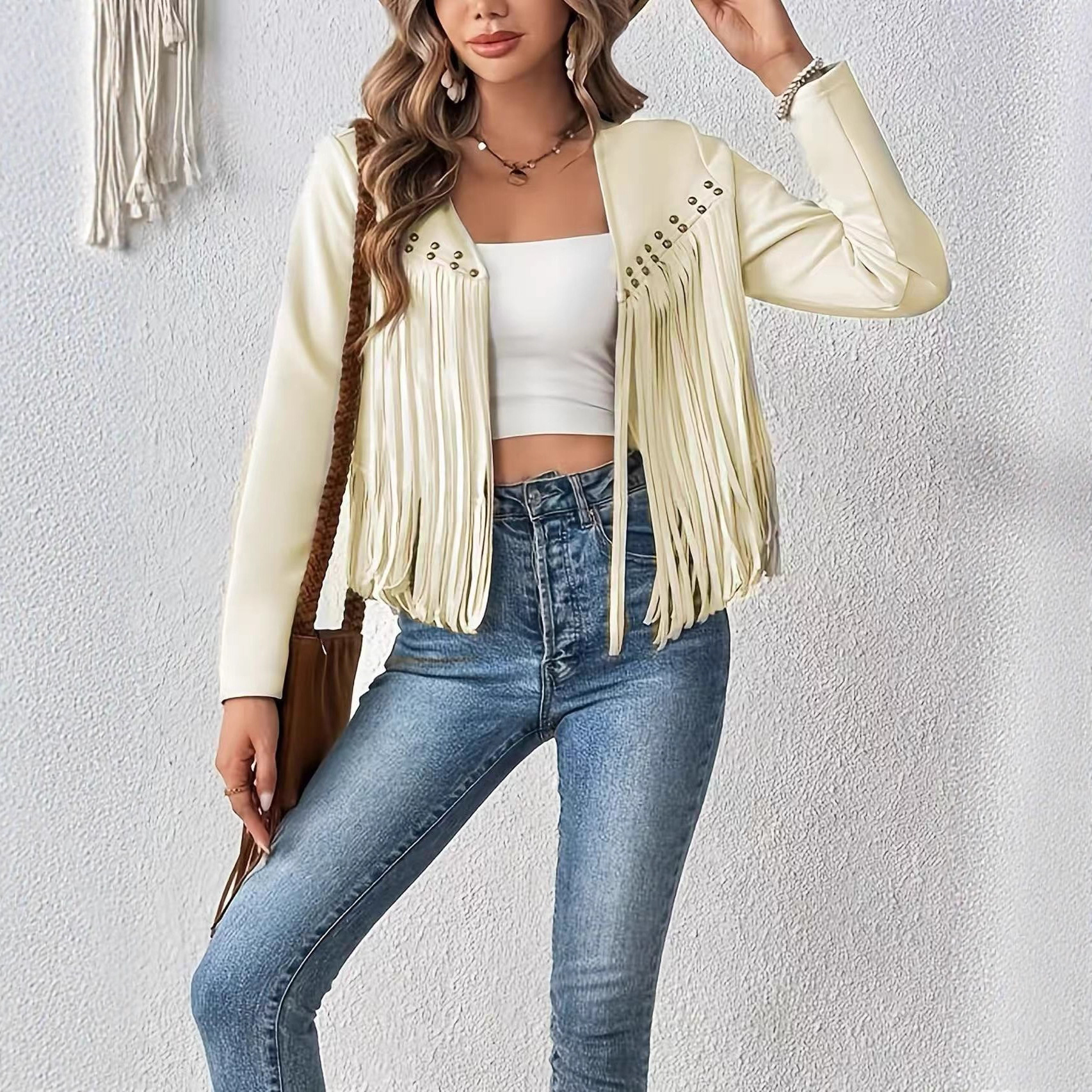 2025 Amazon New Tassel Jacket Women's Suede Studded Decorative Buttonless Mid-Length Jacket Long-Sleeved Cardigan