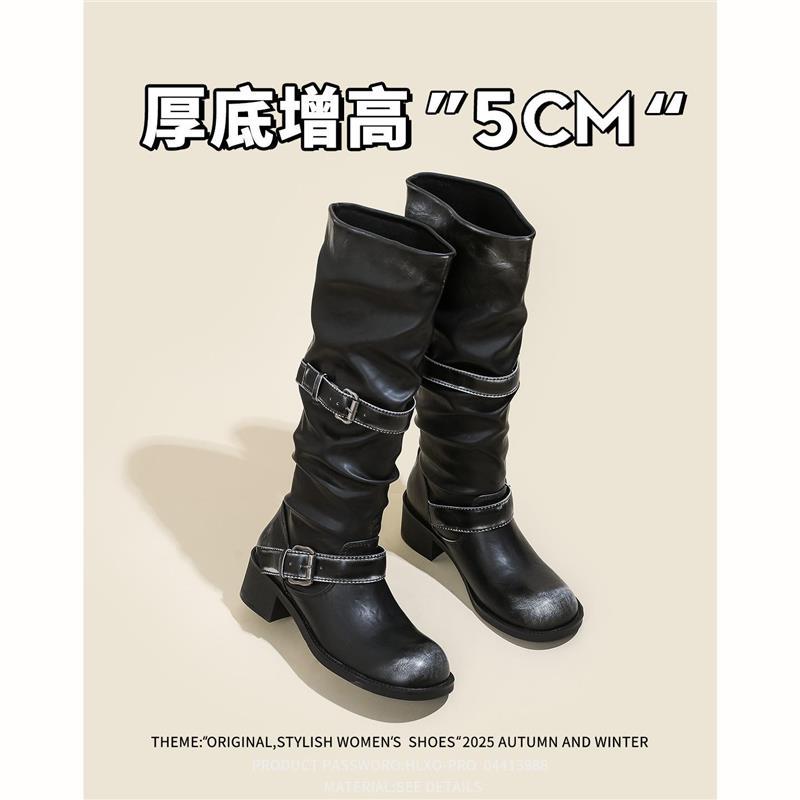 Sheepskin ~ Retro Double-Button Western Boots for Women 2025 New Versatile Distressed Knight Boots Thick-Soled Boots for Women Autumn