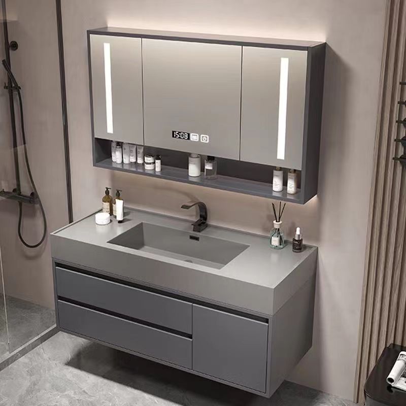 Light Luxury Slate Integrated Solid Wood Bathroom Cabinet Combination Smart Nano Rock Wash Basin Washroom Washstand