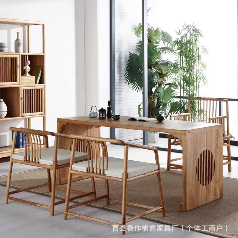 New Chinese Style Old Elm Guqin Table Calligraphy Table Chinese Studies Table Solid Wood Student Training Class Desk and Chair Go Table