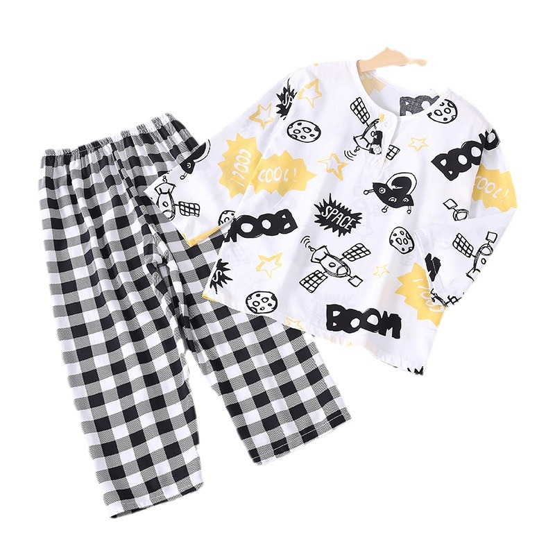 Children's Pajamas Summer Thin Cotton Silk Suit Long-sleeved Children's Boys' Air-conditioning Clothes Baby's Cotton Silk Girls' Home Clothes