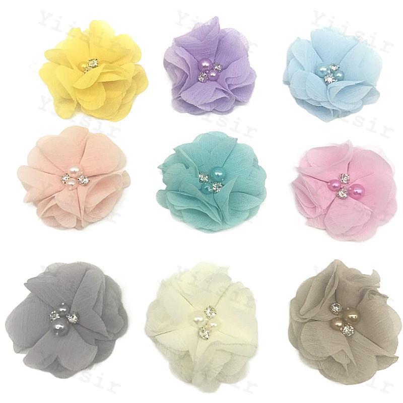 5.5CM Chiffon Pearl Flower Rhinestone Burned Edge Children's Headwear Hairpin Hairband Accessories Accessories Hat Decoration 25 Colors