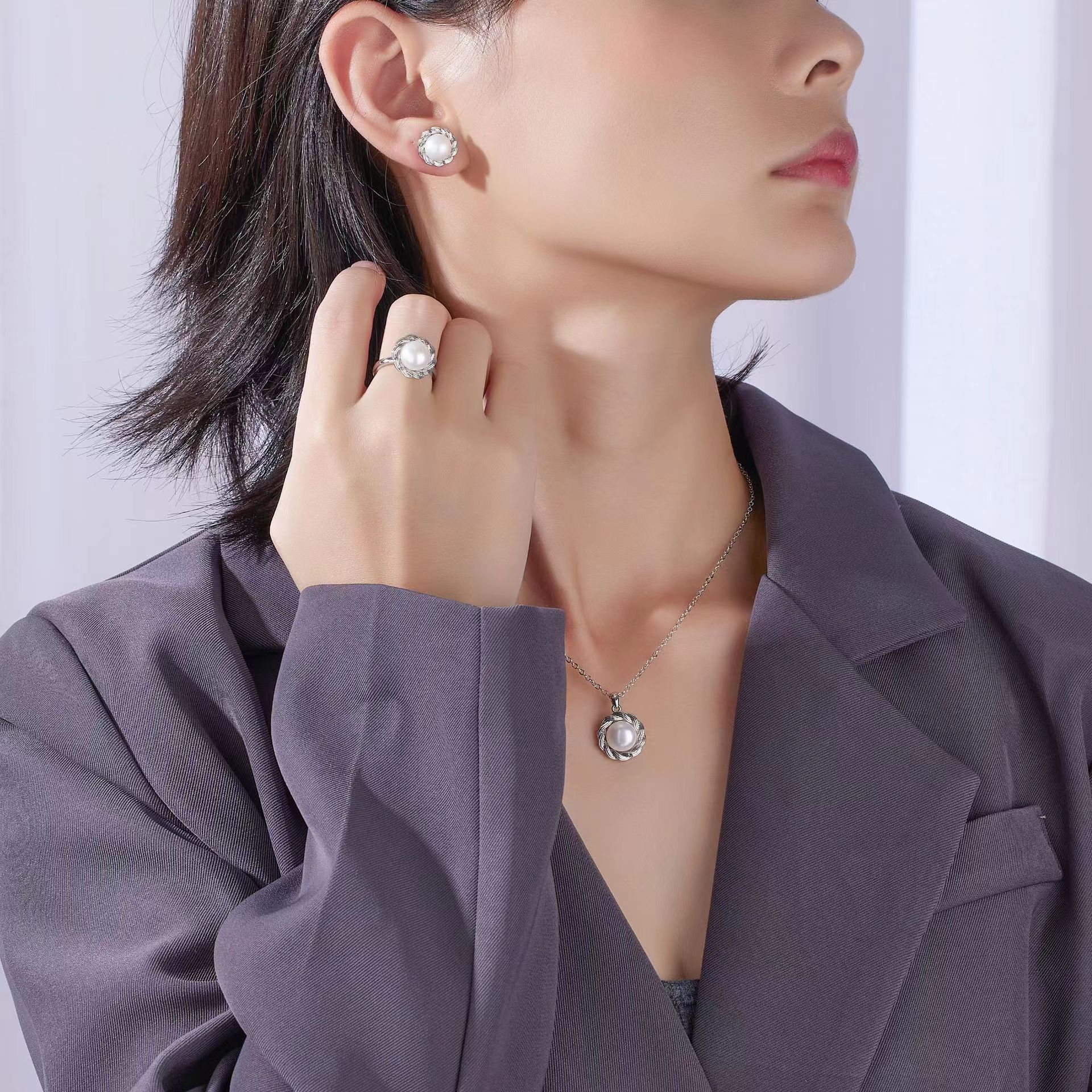 Jewelry Freshwater Pearl Earrings Ring Pendant suit Fashion Light Luxury All-match Ethnic Style suit Women's Pearl