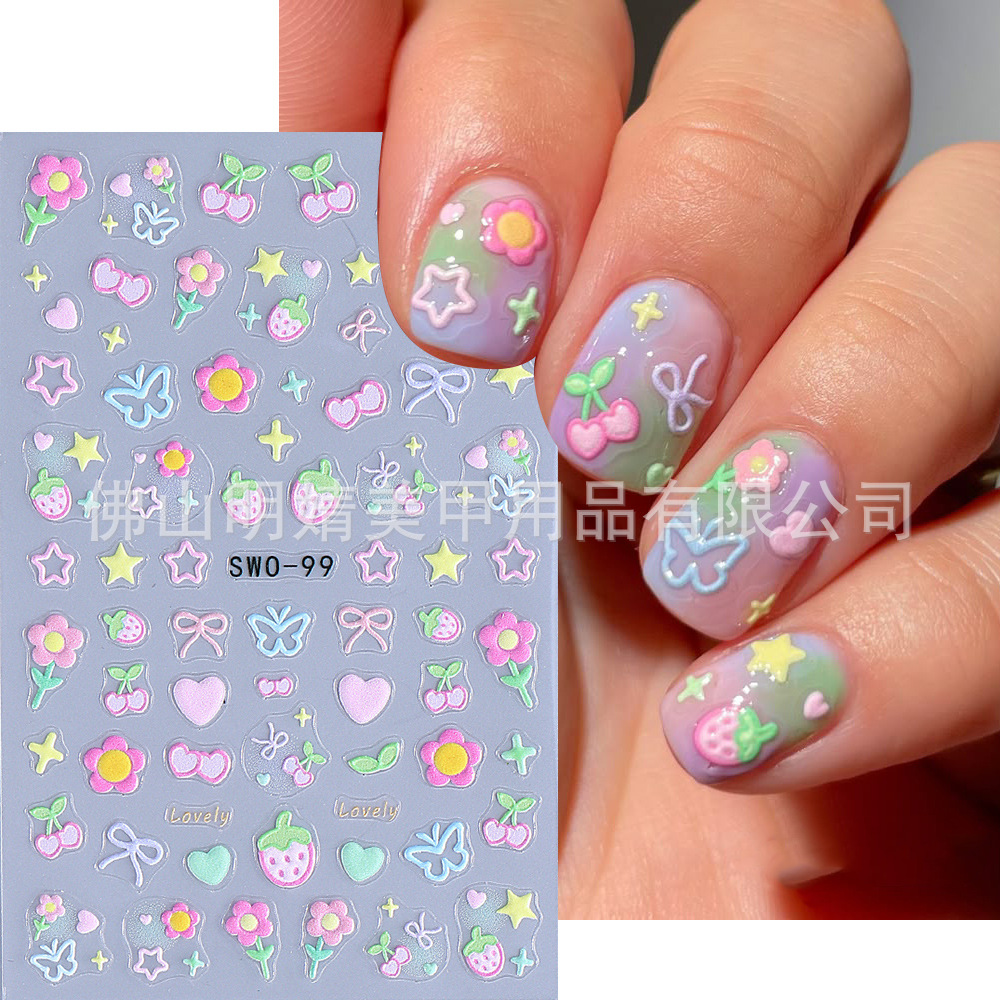 Наклейки для ногтей 2025 года, стиль Ins, летние макароны, милые наклейки с вишнями, клубникой и сердцами