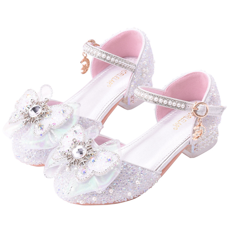 Girls Crystal Princess Shoes White Kidsren's High Heels Model Catwalk Piano Host with Dress Performance Single Leather Shoes