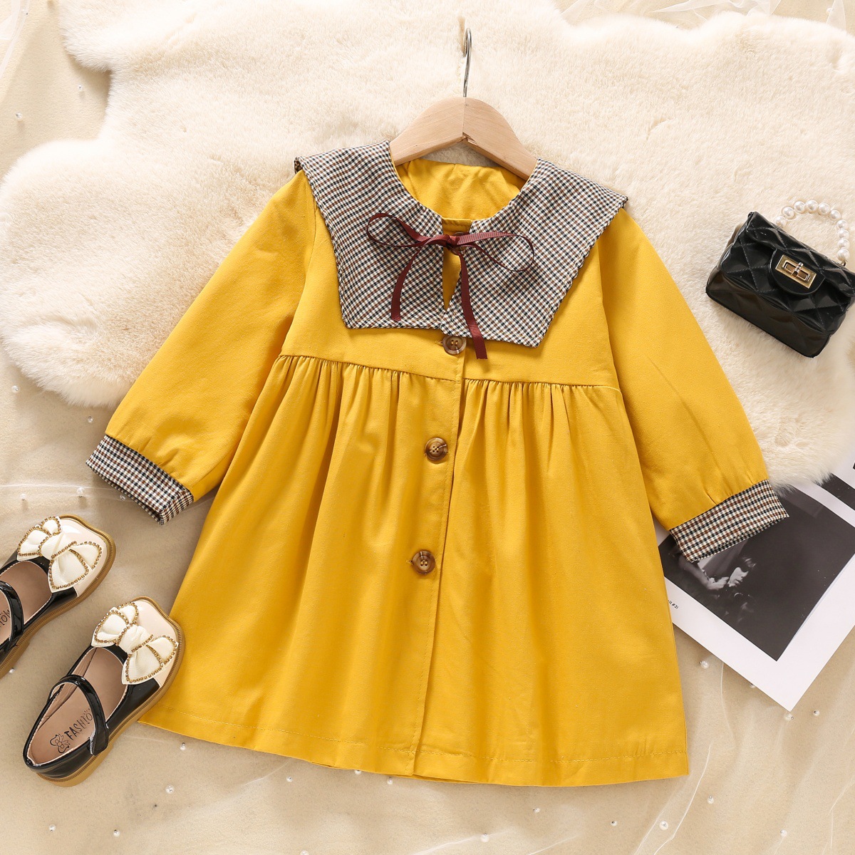 Плащ для девочек весна и осень в клетку с большим воротником новый весенний плащ в иностранном стиле