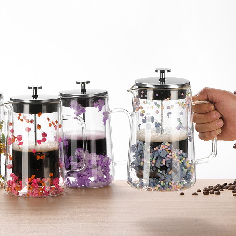 Dried Flower Double-Layer Glass French Press Pot, Heat-Resistant Coffee Pot, Insulated Coffee Utensil, Household Filter Tea Maker, Sharing Pot