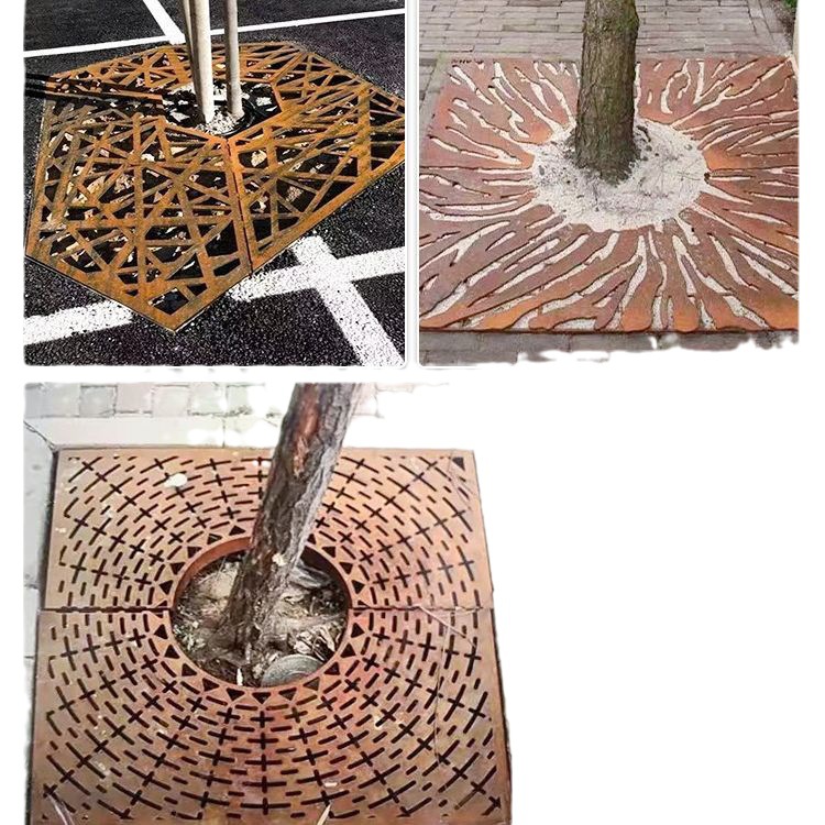 Weather-Resistant Steel Tree Grate Wholesale Rust-Colored Cut Out Tree Guard Iron Rust-Colored Weather-Resistant Steel Plate Tree Grate