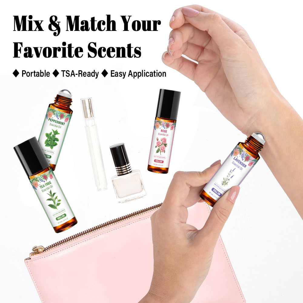 Cross-Border Hot-Selling Roller Ball Essential Oil Combination Portable Deodorant Essential Oil Fire-Free Aromatherapy Fragrance Long-Lasting Source Manufacturer Wholesale