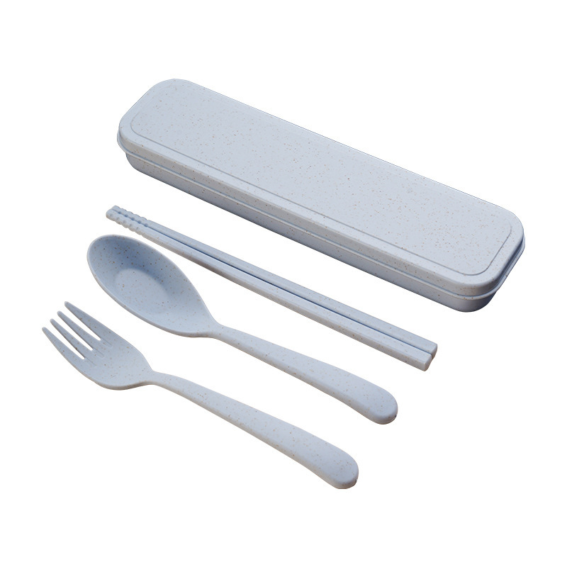 Spoon chopsticks fork three-piece set wheat straw portable plastic tableware student travel storage tableware box