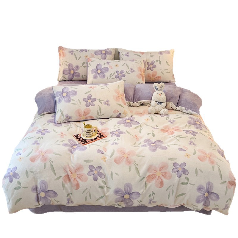 Class a Milk Velvet Four-Piece Set, Thickened Coral Velvet Double-Sided Flannel Fleece-Lined Duvet Cover, Bed Sheet, Fitted Sheet, Three-Piece Bedding Set