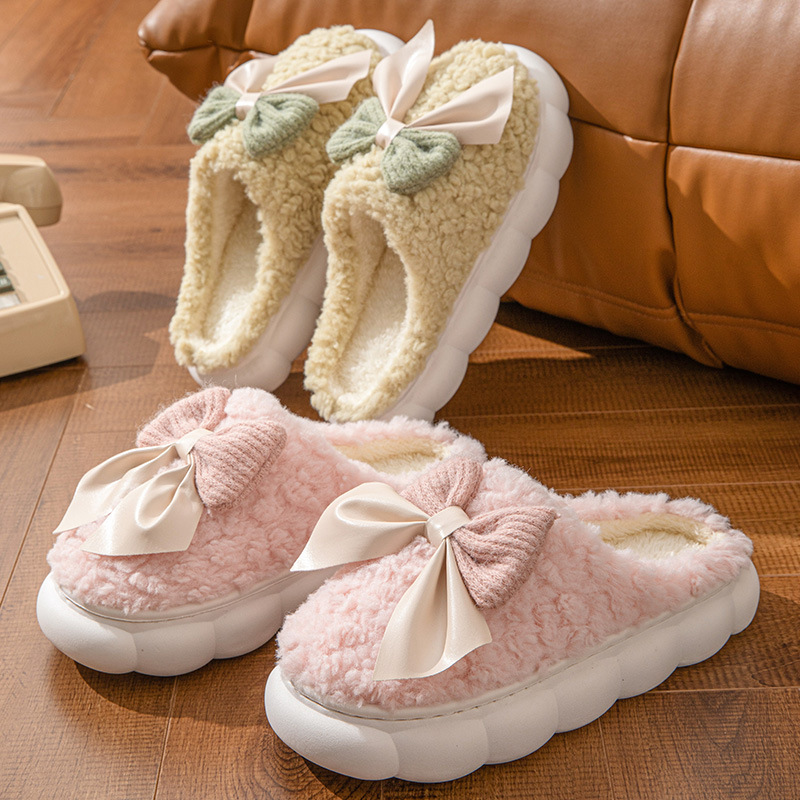 Bow-Knot Cotton Slippers, Non-Slip Winter Shoes, Indoor Slippers, Winter Warm Cotton Shoes, Plush Cotton Slippers, Home Slippers