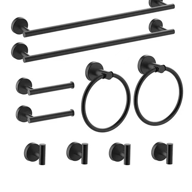 Cross-Border Stainless Steel Towel Bar Set Black Bathroom Wall-Mounted Paper Towel Holder Hook Bathroom Hardware Pendant Single Rod