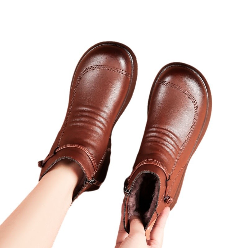 Genuine Leather Soft Sole New Style Mother's Cotton Shoes Winter fleece-lined Warm Middle-aged Women's Ankle Boots Middle-aged and Elderly Women's Non-slip Boots