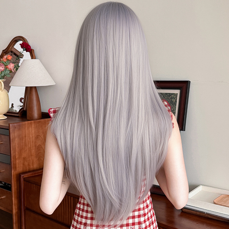 Long Straight Wig for Women with Small Lace, Synthetic Fiber, One-Piece Hand-Woven High-Temperature Fiber, Internet Celebrity Style, Purple-Gray, Middle Part