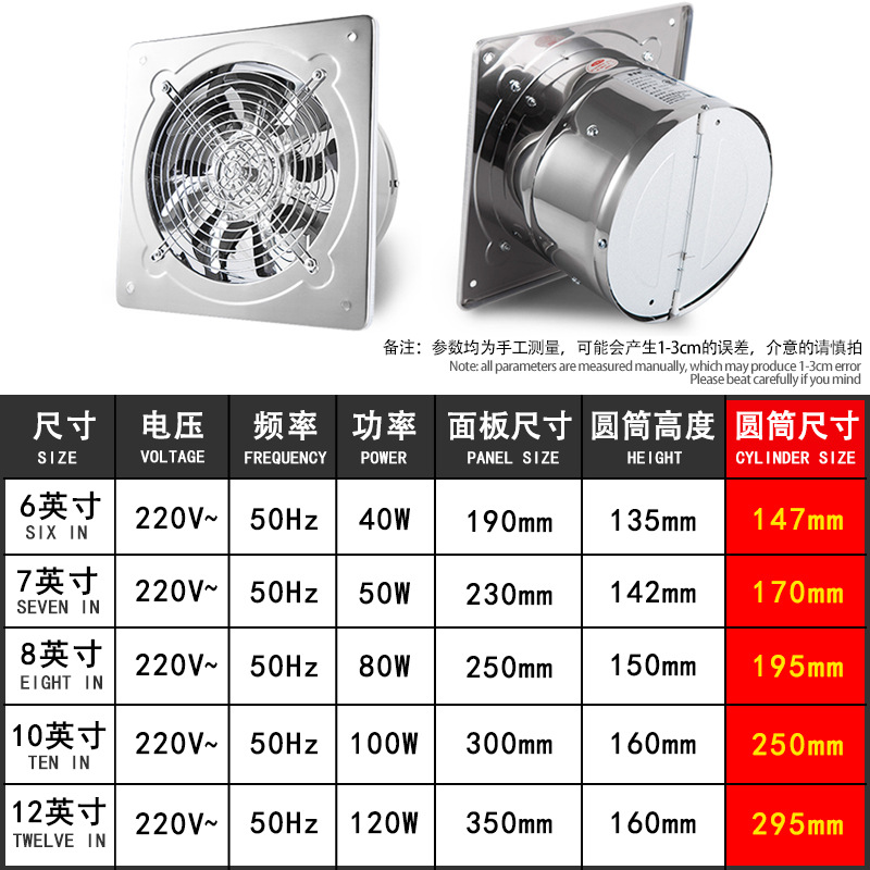Fangyuan Stainless Steel Exhaust Fan Kitchen Fume Fan Ventilation Fan Bathroom Powerful Exhaust Fan Industrial Exhaust Fan