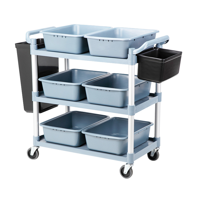 Multi-functional restaurant hotel dining car thickened mute three-layer tableware recycling hand push dining car with trash can bowl collecting car