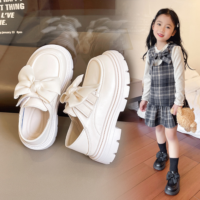 Girls' Leather Shoes Black Spring and Autumn Performance Shoes Bow Tide Soft Sole Shoes for Middle and Large Children and Primary School Students