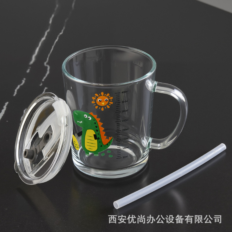 Wholesale Cartoon Children's Breakfast Milk Cup with Scale, Household Printed Glass Water Cup, Heat-Resistant Creative Handle Cup