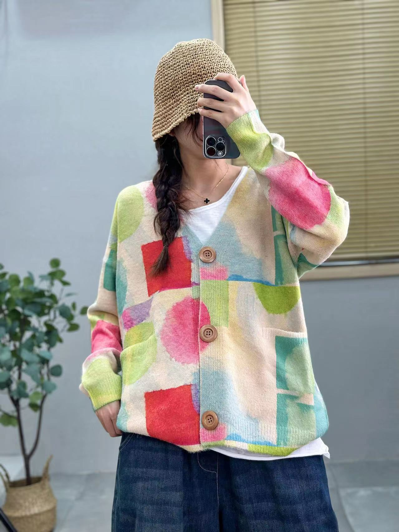Printed Colorful Mink Velvet 2025 Autumn and Winter New Classy Loose Knitted Cardigan V-Neck Sweater for Women Factory Direct Sales