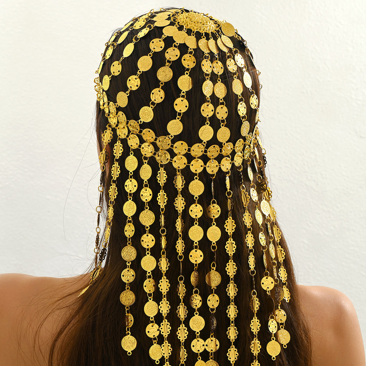 A Middle Eastern Hot-Selling Long Coin Tassel Hair Chain, Retro Palace Style, Exaggerated Multi-Layered Golden Headwear, Exotic Style