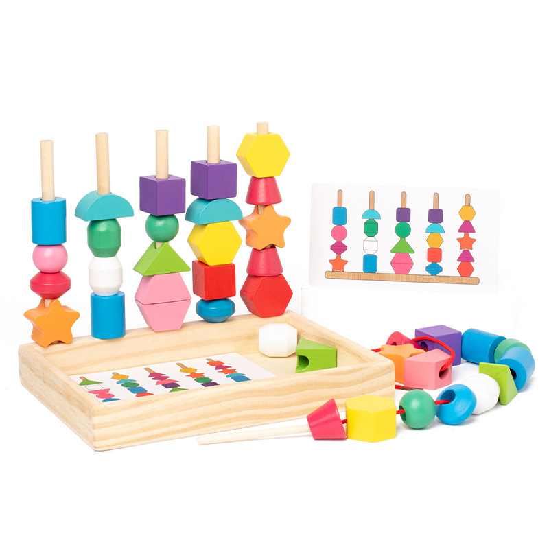 Cross-border new five-column beaded game box children's educational early education color shape cognitive wooden toys wholesale