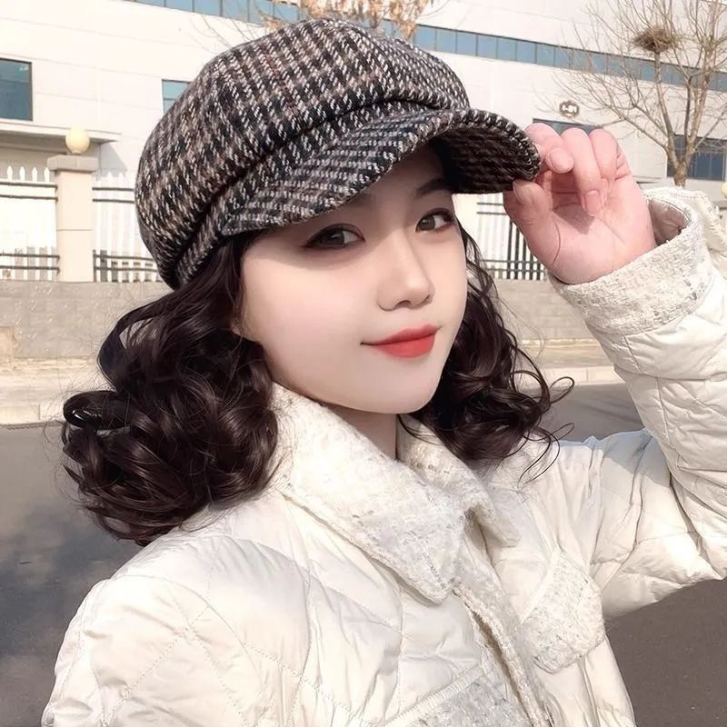 Hat Wig Autumn and Winter New Style Mom Hair Short Curly Hair Houndstooth Octagonal Hat Fashionable Lazy Versatile Elegant Headgear