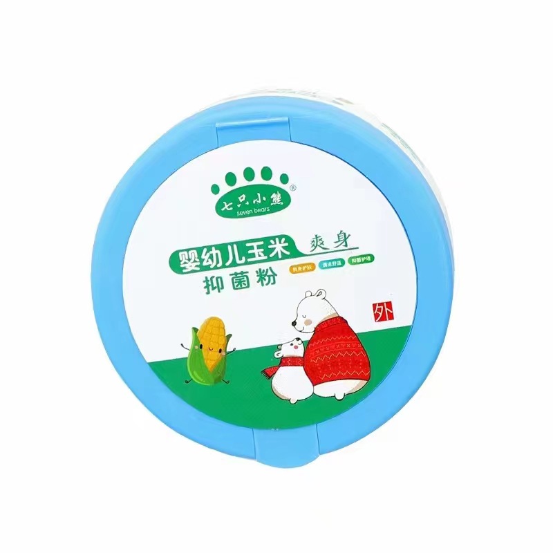 Wholesale 140 grams of children's talcum powder prickly heat powder seven bear box with powder puff corn talcum powder