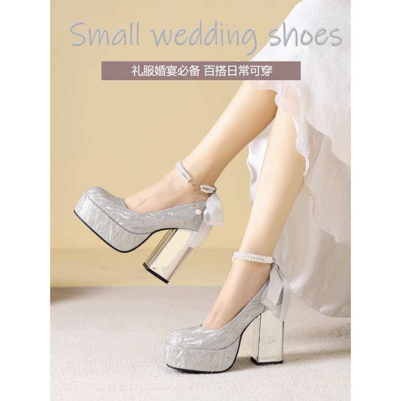 Increase Height by 12cm for Small People, Silver High Heels, Thick Heels, French Mary Jane Wedding Shoes, Thick Soles, Waterproof Platforms, French Flats