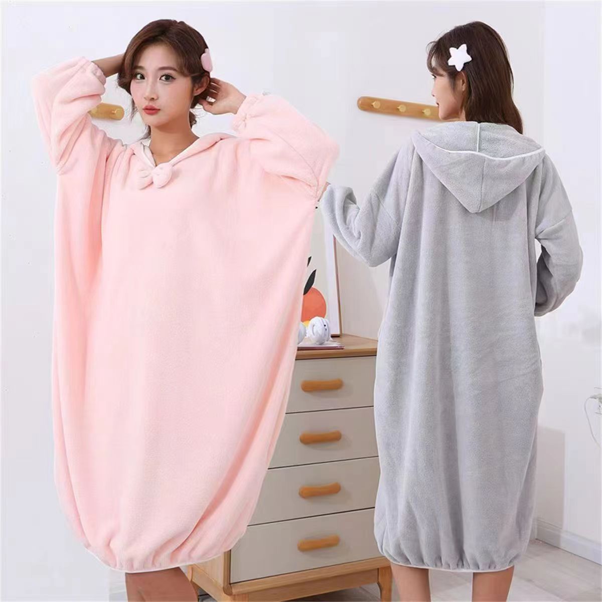 Long Home Bath Skirt for Women, Absorbent and Thickened Household Bath Towel, Hooded Coral Velvet Long-Sleeved Home Bath Skirt and Bathrobe
