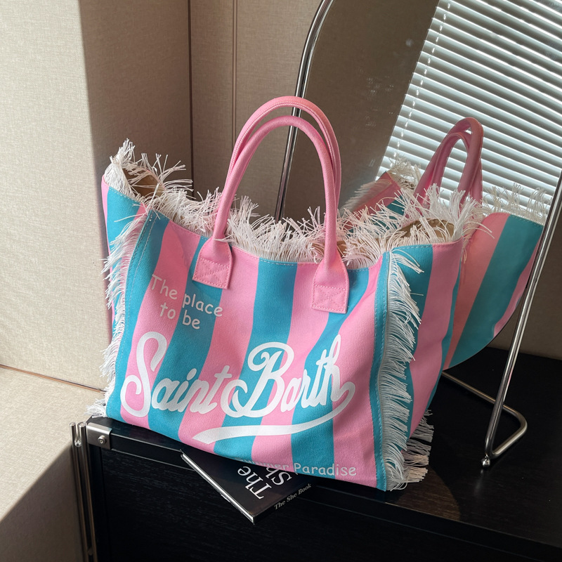 Cross-Border Export Tassel Large-Capacity Beach Handbag 2025 New Leopard Print Letter Commuter Shoulder Bag for Women