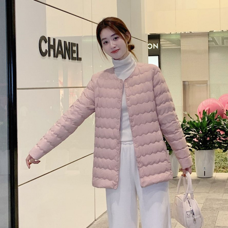 Down Jacket Women's Mid-Length Collarless Autumn and Winter New Style Lightweight White Duck down Liner Fashionable Lightweight Round Neck Warm Jacket