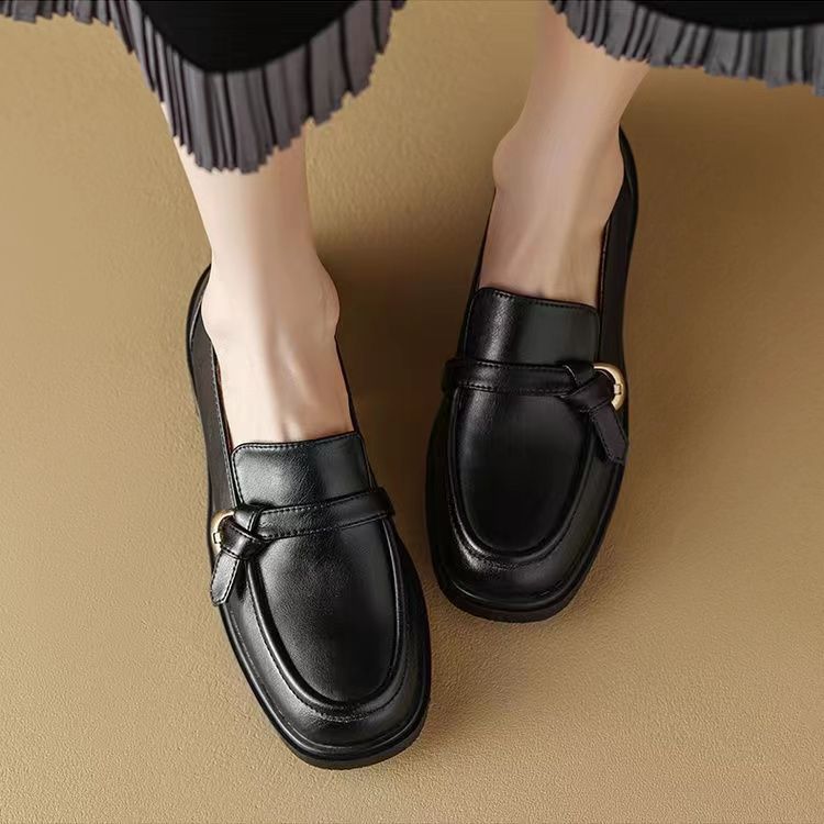 British Style Soft Bottom Small Leather Shoes 2024 New Soft Leather Slip-in Loafers All-match Round-toe Single-layer Shoes Women's Doug Shoes